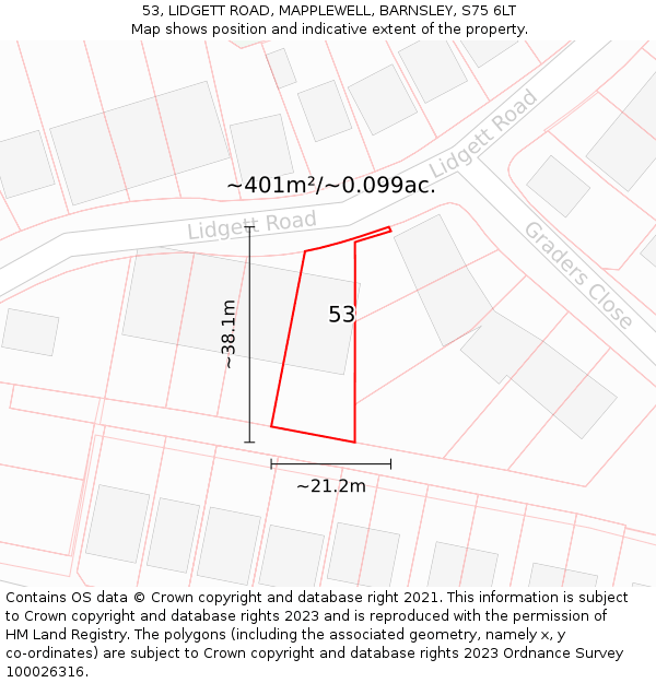 53, LIDGETT ROAD, MAPPLEWELL, BARNSLEY, S75 6LT: Plot and title map