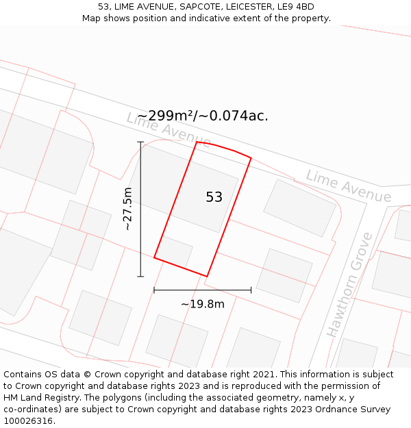 53, LIME AVENUE, SAPCOTE, LEICESTER, LE9 4BD: Plot and title map