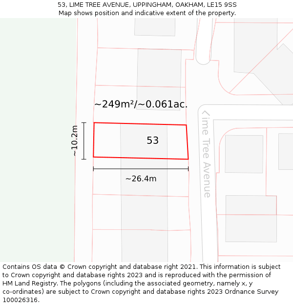 53, LIME TREE AVENUE, UPPINGHAM, OAKHAM, LE15 9SS: Plot and title map