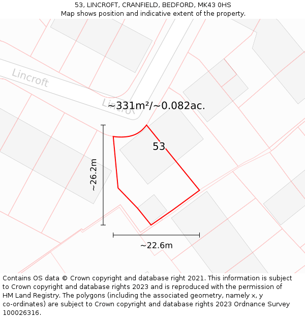 53, LINCROFT, CRANFIELD, BEDFORD, MK43 0HS: Plot and title map