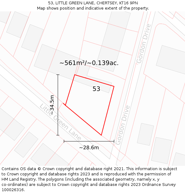 53, LITTLE GREEN LANE, CHERTSEY, KT16 9PN: Plot and title map
