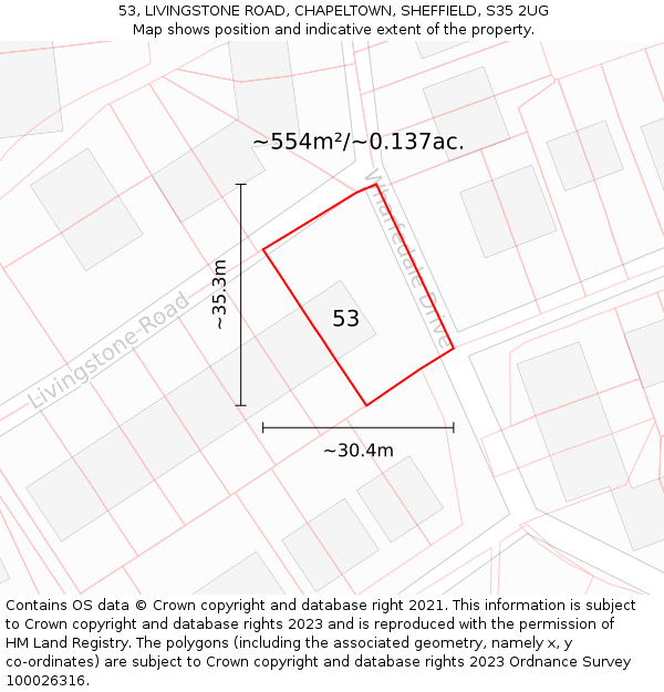 53, LIVINGSTONE ROAD, CHAPELTOWN, SHEFFIELD, S35 2UG: Plot and title map