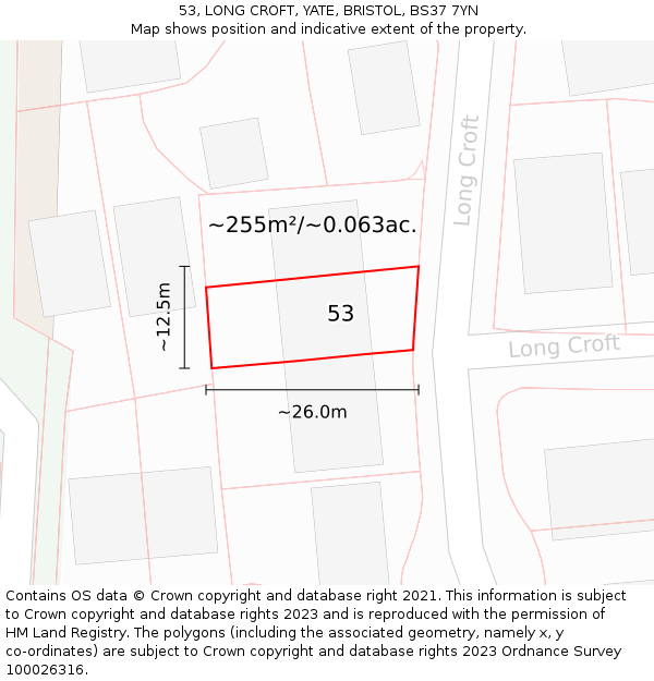 53, LONG CROFT, YATE, BRISTOL, BS37 7YN: Plot and title map