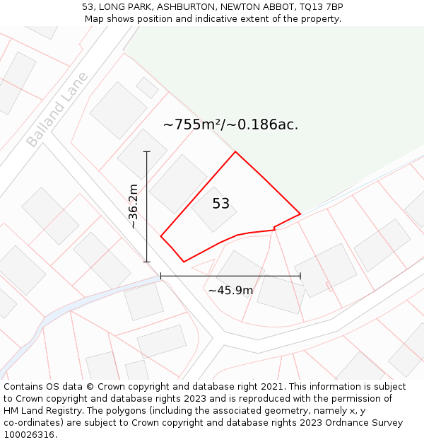 53, LONG PARK, ASHBURTON, NEWTON ABBOT, TQ13 7BP: Plot and title map