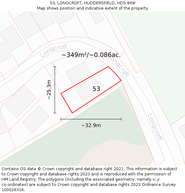 53, LONGCROFT, HUDDERSFIELD, HD5 8XW: Plot and title map