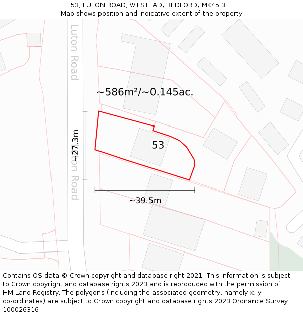 53, LUTON ROAD, WILSTEAD, BEDFORD, MK45 3ET: Plot and title map