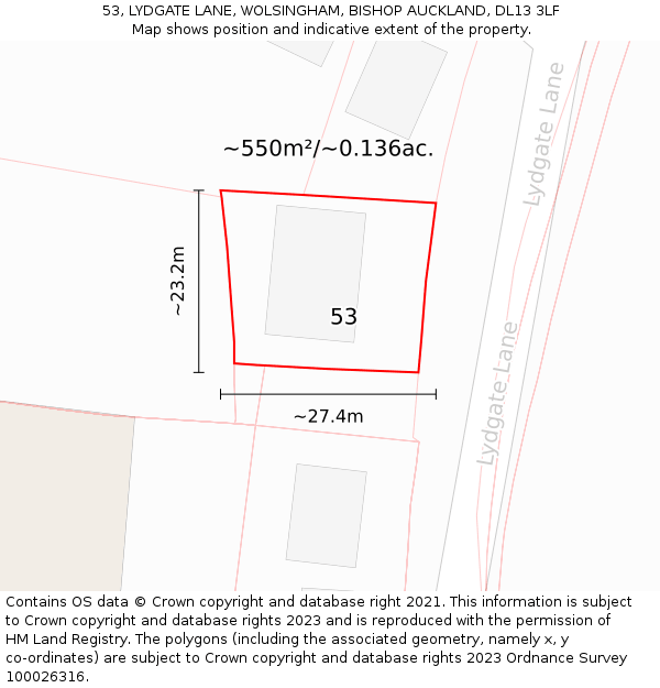 53, LYDGATE LANE, WOLSINGHAM, BISHOP AUCKLAND, DL13 3LF: Plot and title map