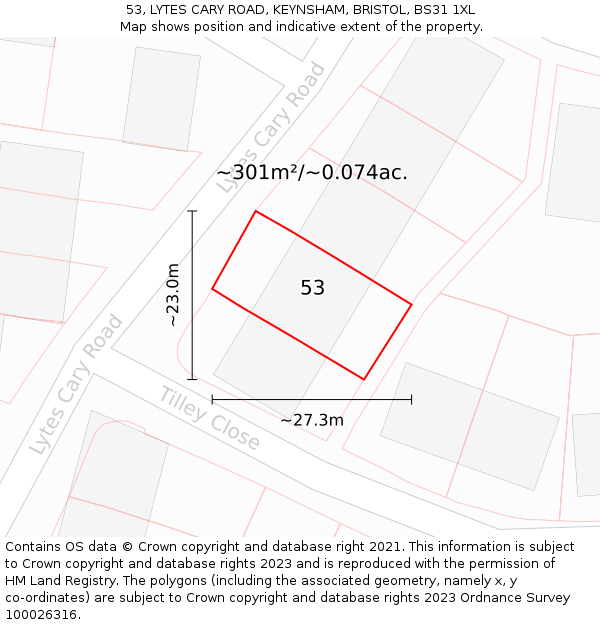 53, LYTES CARY ROAD, KEYNSHAM, BRISTOL, BS31 1XL: Plot and title map