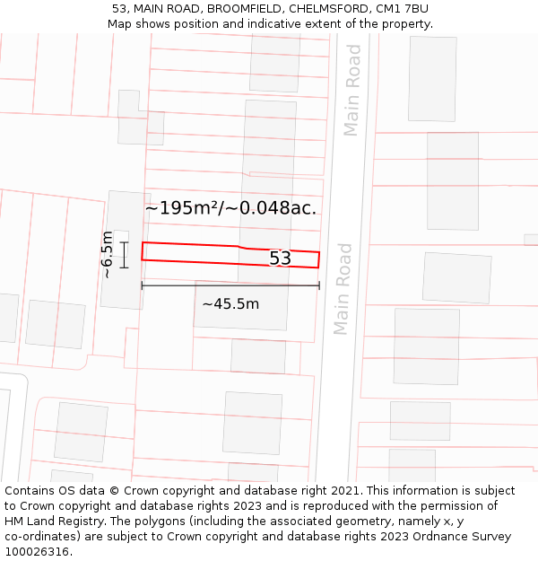 53, MAIN ROAD, BROOMFIELD, CHELMSFORD, CM1 7BU: Plot and title map