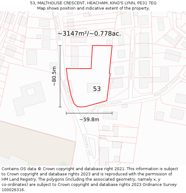 53, MALTHOUSE CRESCENT, HEACHAM, KING'S LYNN, PE31 7EG: Plot and title map