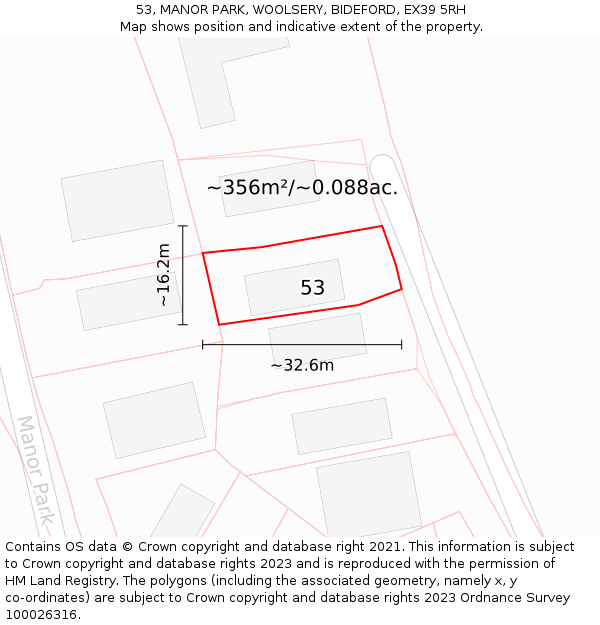53, MANOR PARK, WOOLSERY, BIDEFORD, EX39 5RH: Plot and title map