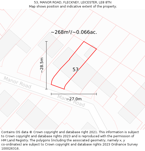53, MANOR ROAD, FLECKNEY, LEICESTER, LE8 8TN: Plot and title map