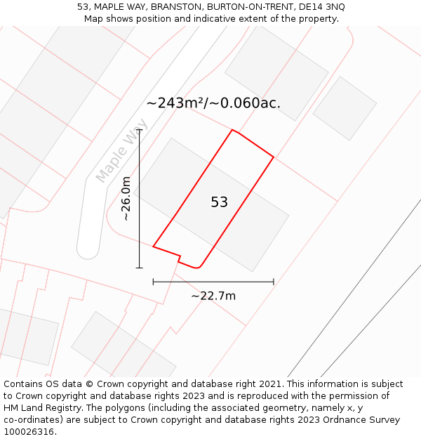 53, MAPLE WAY, BRANSTON, BURTON-ON-TRENT, DE14 3NQ: Plot and title map