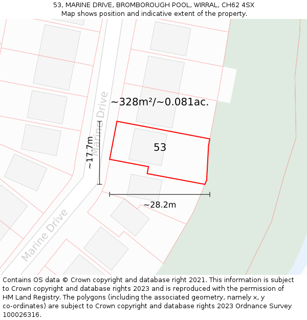 53, MARINE DRIVE, BROMBOROUGH POOL, WIRRAL, CH62 4SX: Plot and title map