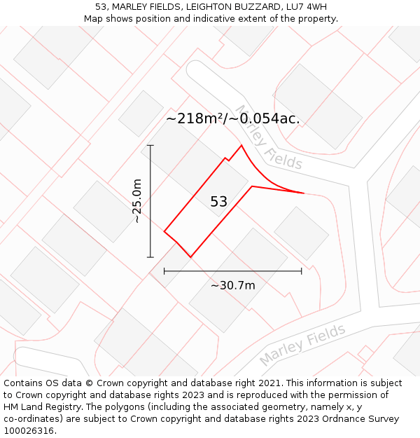 53, MARLEY FIELDS, LEIGHTON BUZZARD, LU7 4WH: Plot and title map