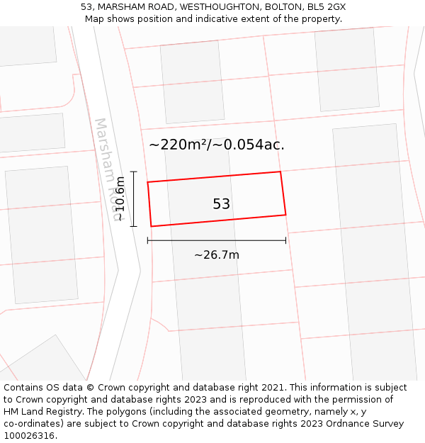 53, MARSHAM ROAD, WESTHOUGHTON, BOLTON, BL5 2GX: Plot and title map