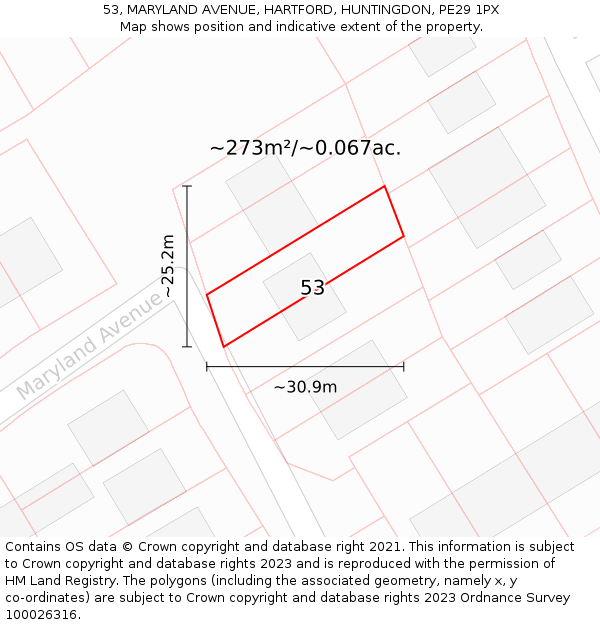 53, MARYLAND AVENUE, HARTFORD, HUNTINGDON, PE29 1PX: Plot and title map
