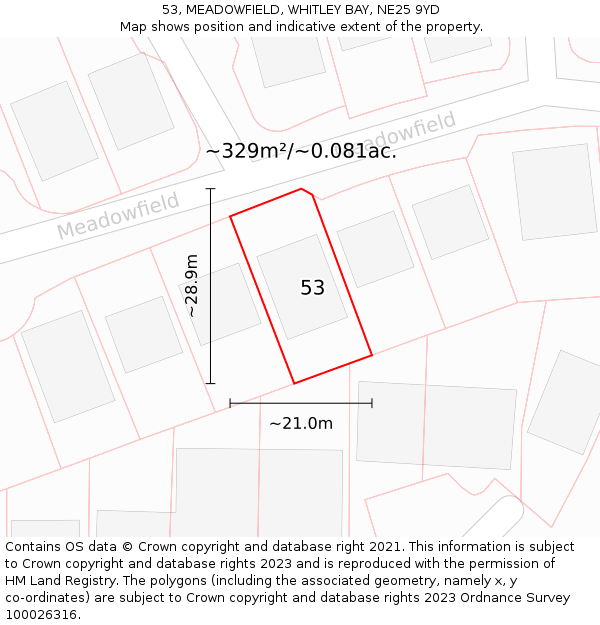 53, MEADOWFIELD, WHITLEY BAY, NE25 9YD: Plot and title map