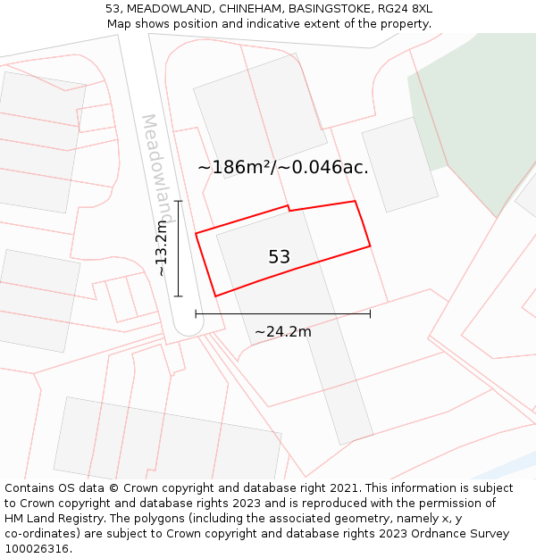 53, MEADOWLAND, CHINEHAM, BASINGSTOKE, RG24 8XL: Plot and title map