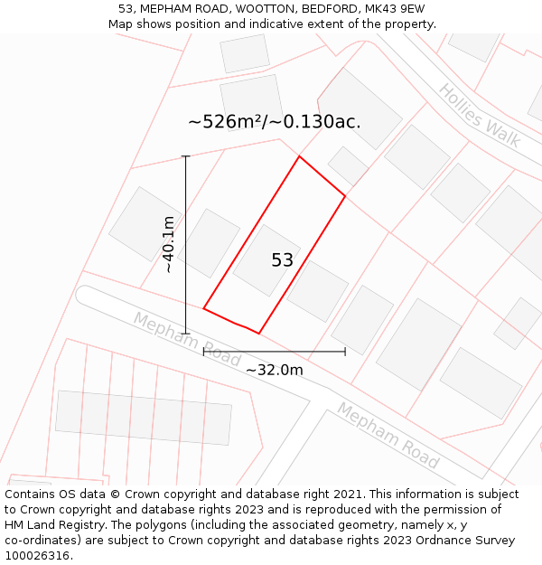 53, MEPHAM ROAD, WOOTTON, BEDFORD, MK43 9EW: Plot and title map
