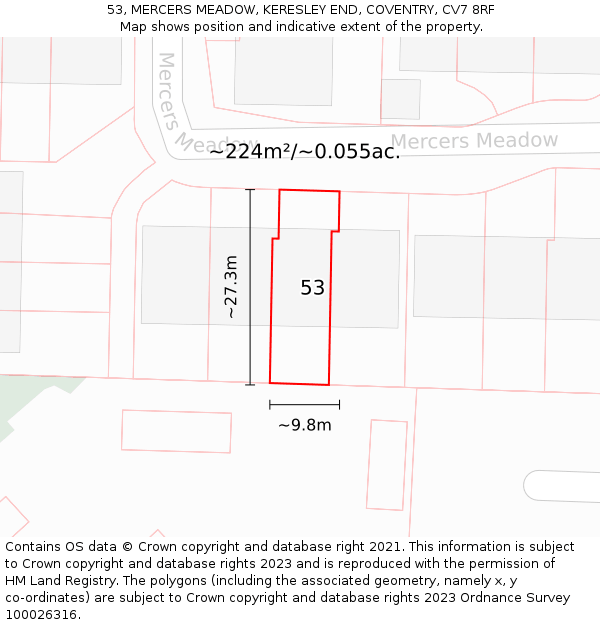 53, MERCERS MEADOW, KERESLEY END, COVENTRY, CV7 8RF: Plot and title map