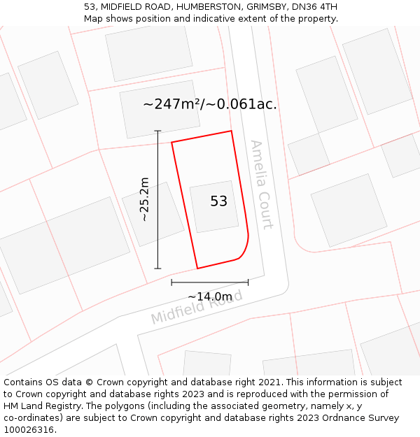 53, MIDFIELD ROAD, HUMBERSTON, GRIMSBY, DN36 4TH: Plot and title map