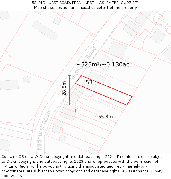 53, MIDHURST ROAD, FERNHURST, HASLEMERE, GU27 3EN: Plot and title map