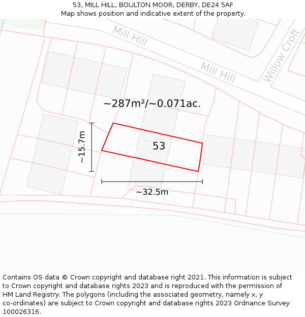 53, MILL HILL, BOULTON MOOR, DERBY, DE24 5AF: Plot and title map