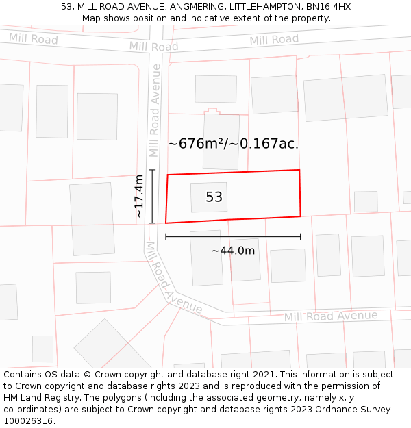 53, MILL ROAD AVENUE, ANGMERING, LITTLEHAMPTON, BN16 4HX: Plot and title map