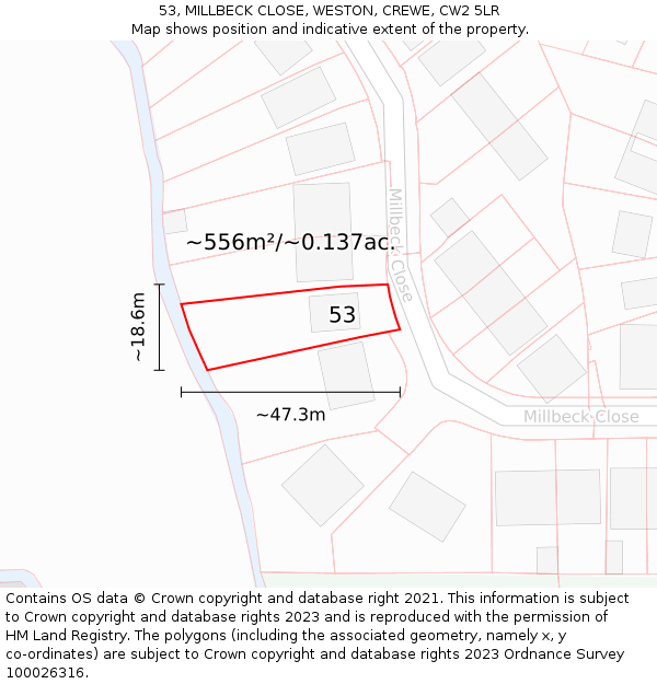 53, MILLBECK CLOSE, WESTON, CREWE, CW2 5LR: Plot and title map