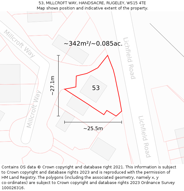 53, MILLCROFT WAY, HANDSACRE, RUGELEY, WS15 4TE: Plot and title map