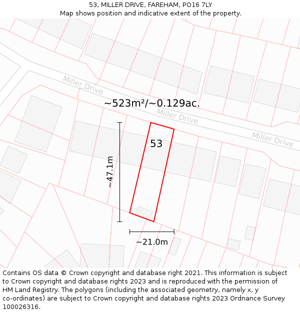 53, MILLER DRIVE, FAREHAM, PO16 7LY: Plot and title map