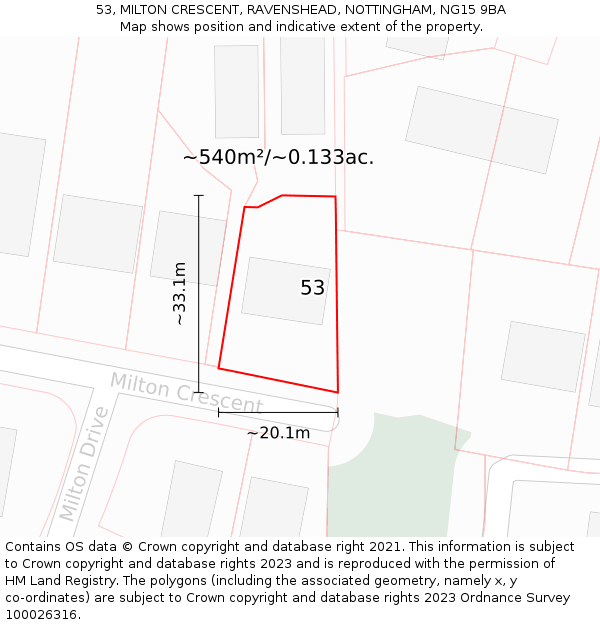 53, MILTON CRESCENT, RAVENSHEAD, NOTTINGHAM, NG15 9BA: Plot and title map
