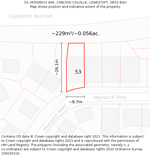 53, MONARCH WAY, CARLTON COLVILLE, LOWESTOFT, NR33 8GH: Plot and title map
