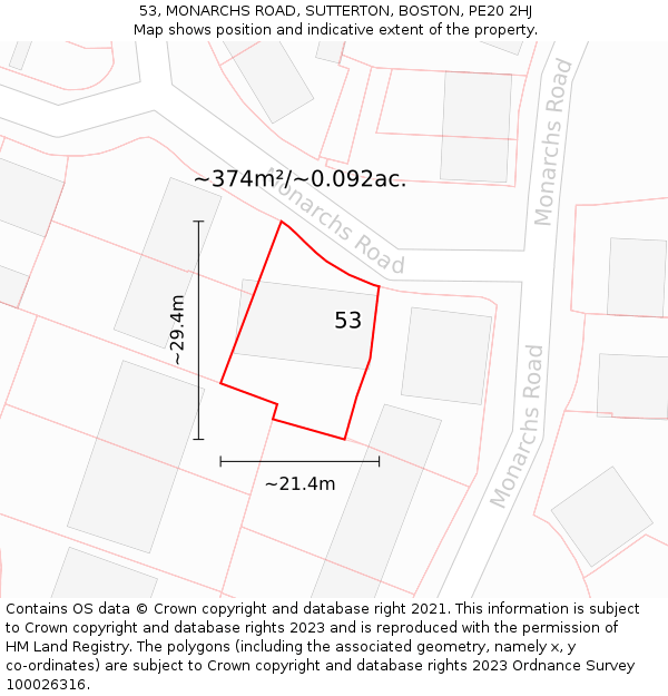 53, MONARCHS ROAD, SUTTERTON, BOSTON, PE20 2HJ: Plot and title map
