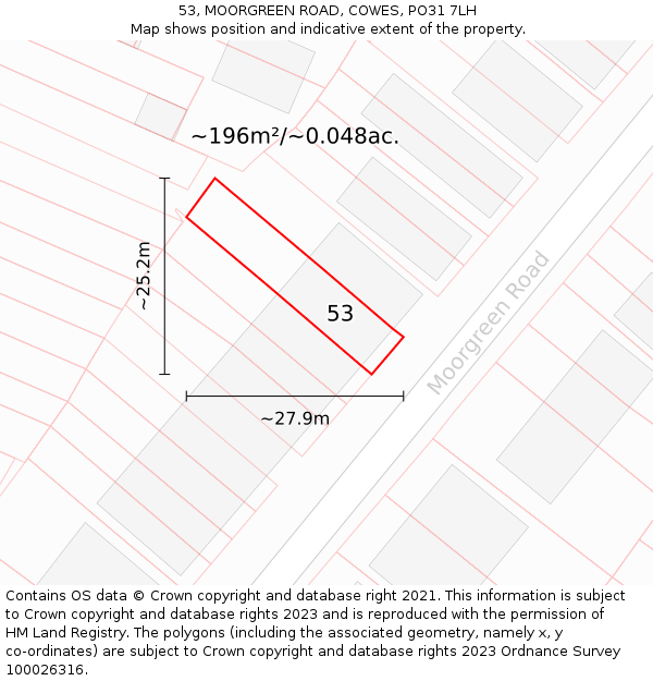 53, MOORGREEN ROAD, COWES, PO31 7LH: Plot and title map
