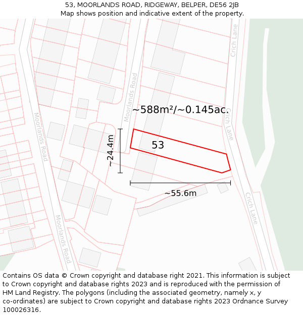 53, MOORLANDS ROAD, RIDGEWAY, BELPER, DE56 2JB: Plot and title map