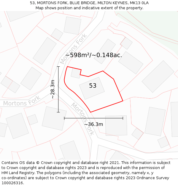 53, MORTONS FORK, BLUE BRIDGE, MILTON KEYNES, MK13 0LA: Plot and title map