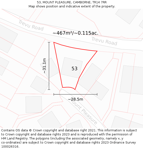 53, MOUNT PLEASURE, CAMBORNE, TR14 7RR: Plot and title map