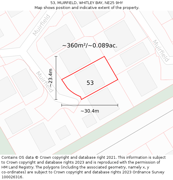 53, MUIRFIELD, WHITLEY BAY, NE25 9HY: Plot and title map