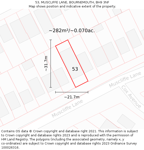 53, MUSCLIFFE LANE, BOURNEMOUTH, BH9 3NF: Plot and title map