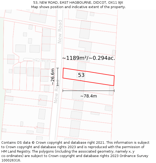 53, NEW ROAD, EAST HAGBOURNE, DIDCOT, OX11 9JX: Plot and title map