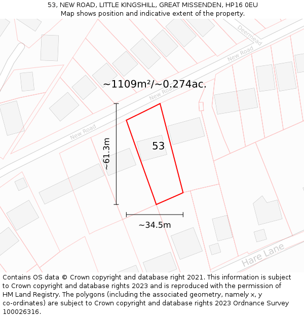 53, NEW ROAD, LITTLE KINGSHILL, GREAT MISSENDEN, HP16 0EU: Plot and title map