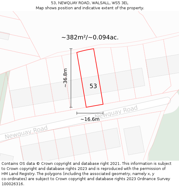 53, NEWQUAY ROAD, WALSALL, WS5 3EL: Plot and title map
