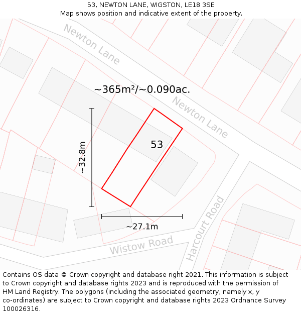 53, NEWTON LANE, WIGSTON, LE18 3SE: Plot and title map