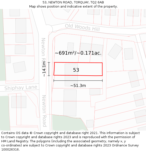 53, NEWTON ROAD, TORQUAY, TQ2 6AB: Plot and title map