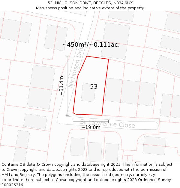 53, NICHOLSON DRIVE, BECCLES, NR34 9UX: Plot and title map