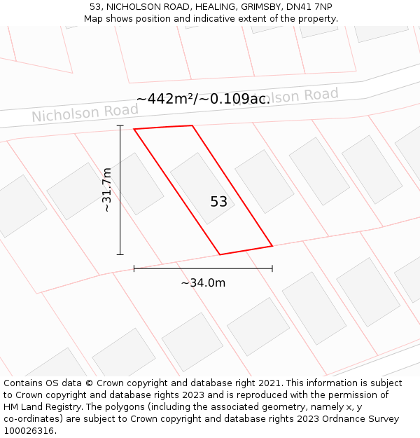53, NICHOLSON ROAD, HEALING, GRIMSBY, DN41 7NP: Plot and title map