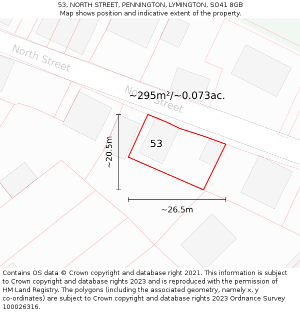 53, NORTH STREET, PENNINGTON, LYMINGTON, SO41 8GB: Plot and title map