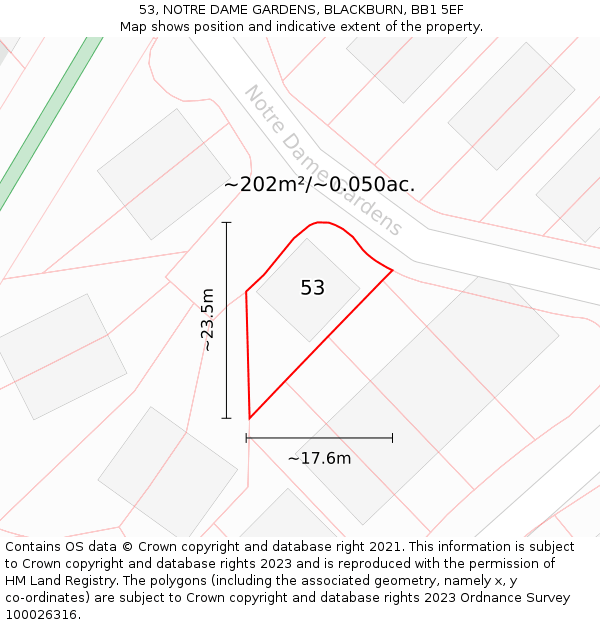 53, NOTRE DAME GARDENS, BLACKBURN, BB1 5EF: Plot and title map